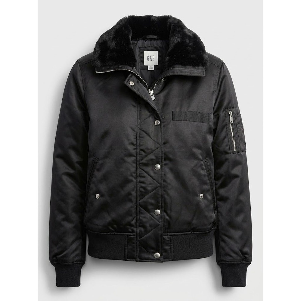 Gap Bomber Jacket Womens XS Black Faux Fur Collar Satin Quilted Full Zip Coat